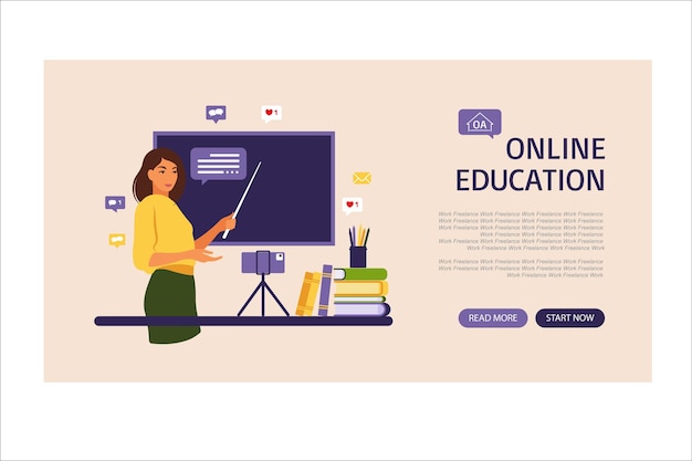 Concepto de aprendizaje online. página de inicio de educación en línea. profesor en pizarra, video lección. estudio a distancia en la escuela. ilustración vectorial estilo plano.