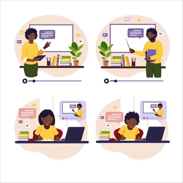 Concepto de aprendizaje online. Profesores africanos en pizarra. Niños africanos sentados detrás de su escritorio estudiando en línea usando la computadora.