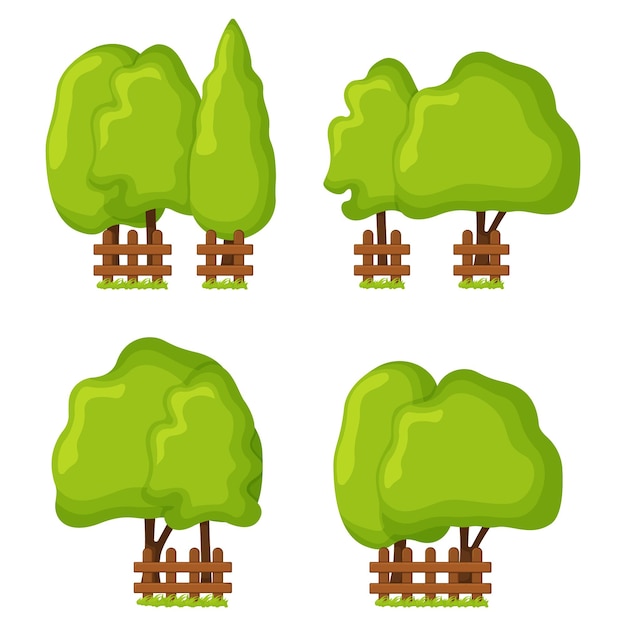 Concepto árbol orgánico natural pino y bosque de abetos con valla icono vector ilustración botánico gráfico madera paisaje, aislado en blanco. Lugar al aire libre.