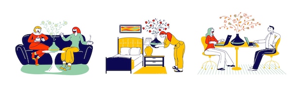 Concepto de aromaterapia. Personajes masculinos y femeninos que utilizan la lámpara difusora de aceite de aroma en casa para el bienestar y la relajación. Mujeres charlando en el sofá, trabajo de pareja en ordenadores portátiles. Ilustración de Vector de personas lineales