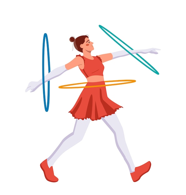 Concepto de artista de circo Mujer con anillos coloridos Entretenimiento y ocio divertido Parque de atracciones y espectáculos Sticker de redes sociales Ilustración vectorial plana