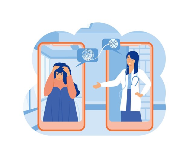 El concepto de asesoramiento psicológico El servicio de asistencia psicológica en línea en el teléfono móvil El terapeuta está ayudando al paciente a hacer frente a una situación estresante Ilustración moderna de vector plano