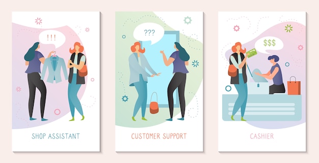Concepto de asistente de compras, atención al cliente mujer, personas en la tienda de moda, ilustración