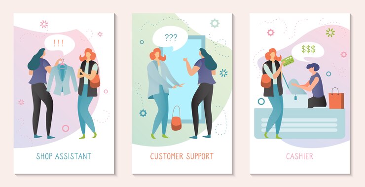 Vector concepto de asistente de compras, atención al cliente mujer, personas en la tienda de moda, ilustración