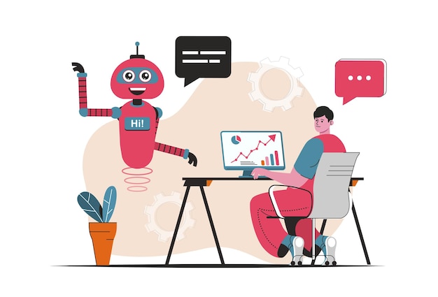 Concepto de asistente virtual aislado. atención al cliente por robots bots en chats en línea. escena de personas en diseño plano de dibujos animados. ilustración vectorial para blogs, sitios web, aplicaciones móviles, materiales promocionales.