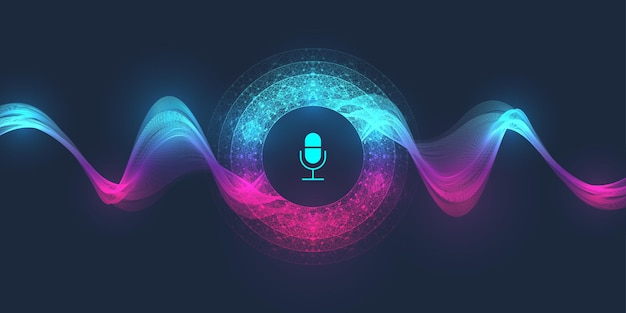 Concepto de asistente de voz y fondo de flujo de onda del ecualizador de reconocimiento de sonido