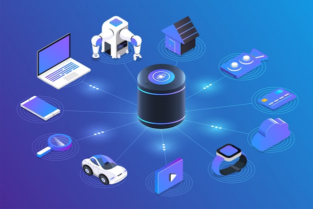 Vector concepto asistente de voz internet de las cosas. controle todo con hablar al dispositivo. gráfico moderno. ilustración isométrica.