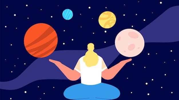 Concepto de astronomía meditación sobre el universo mujer relajada mundo de fantasía niña y planetas cielo estrellado nocturno y concepto de vector femenino