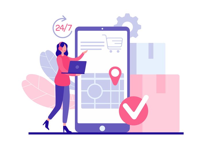 Vector concepto de atención al cliente noctidial. operador de personaje femenino con auriculares y computadora portátil acepta orden especifica la dirección del cliente. entrega rápida de compras en la aplicación móvil