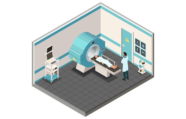 Concepto de atención médica y medicina máquina de imágenes por resonancia magnética médico radiólogo que inspecciona al paciente en la clínica gabinete de resonancia magnética con cosas profesionales isométrica ilustración vectorial de dibujos animados en 3d