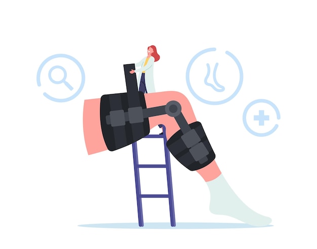 Concepto de atención médica. Pequeño personaje médico ortopedista instalar vendaje ortopédico en una pierna enorme con fractura de huesos. Tratamiento de pacientes en Hospital o Clínica de Ortopedia. Ilustración vectorial de dibujos animados