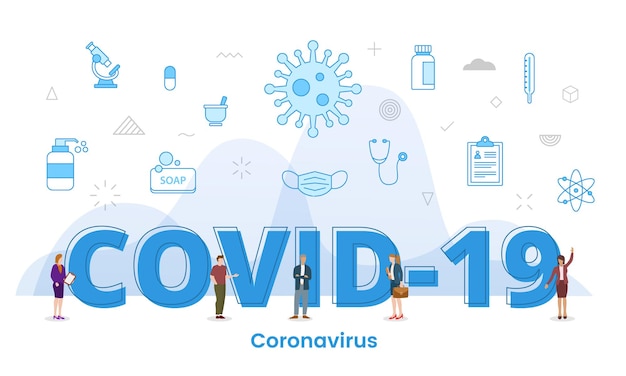 Concepto de atención médica del virus del coronavirus con grandes palabras y personas rodeadas de íconos relacionados que se propagan con un estilo moderno de color azul
