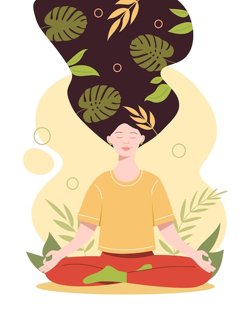 Concepto de atención plena Niña joven se sienta en la posición del loto yoga y meditación paz interior y equilibrio