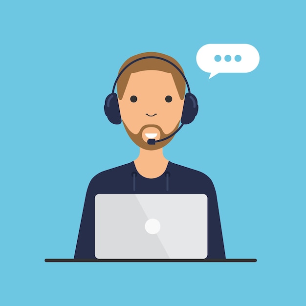 Concepto de aterrizaje de soporte técnico y servicio al cliente Hombre con auriculares y micrófono con computadora portátil