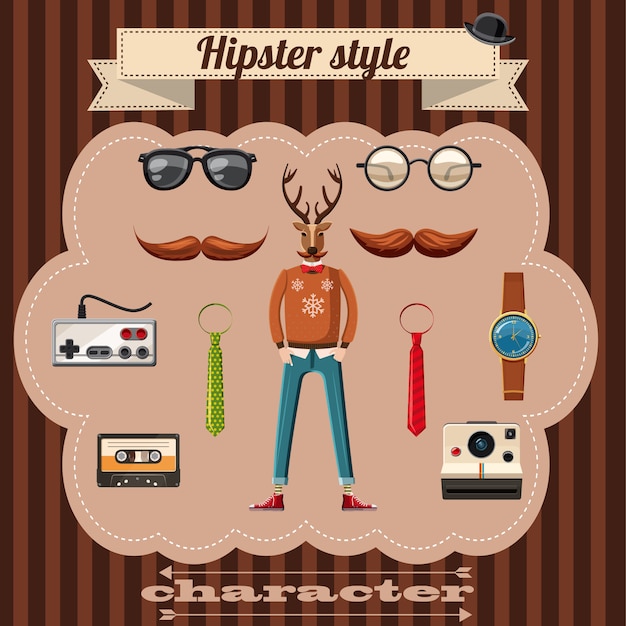 Concepto de atributos de estilo hipster. Ilustración de dibujos animados de estilo hipster atributos vector concepto para web