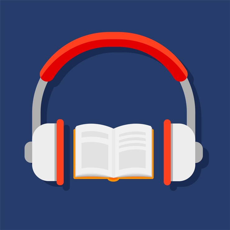 Vector concepto de audiolibro auriculares y libro aislado sobre fondo azul ilustración vectorial