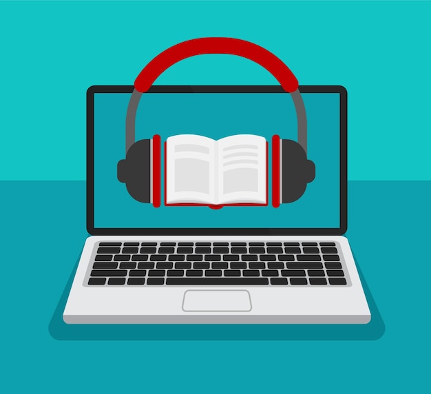 Concepto de audiolibro Auriculares y libro en una pantalla de computadora portátil Educación o aprendizaje en línea Logotipo de vector