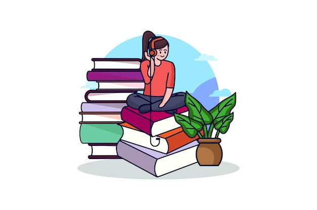 Concepto de audiolibro con escena de personas en el estilo de dibujos animados planos