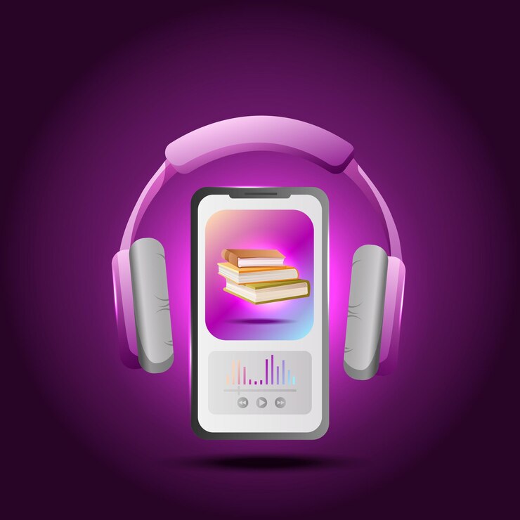 Vector concepto de audiolibros auriculares y pila de libros en la pantalla del teléfono inteligente escuchando libros electrónicos