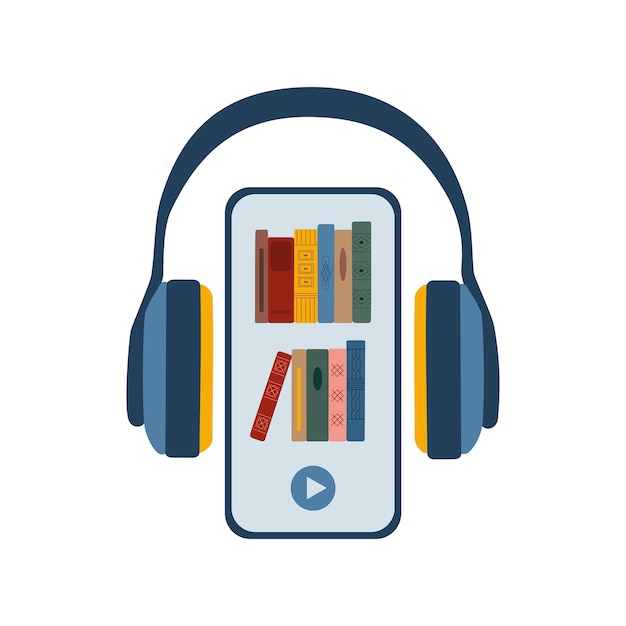 Concepto de audiolibros. Auriculares y pila de libros en la pantalla del teléfono inteligente. Escuchar libros electrónicos