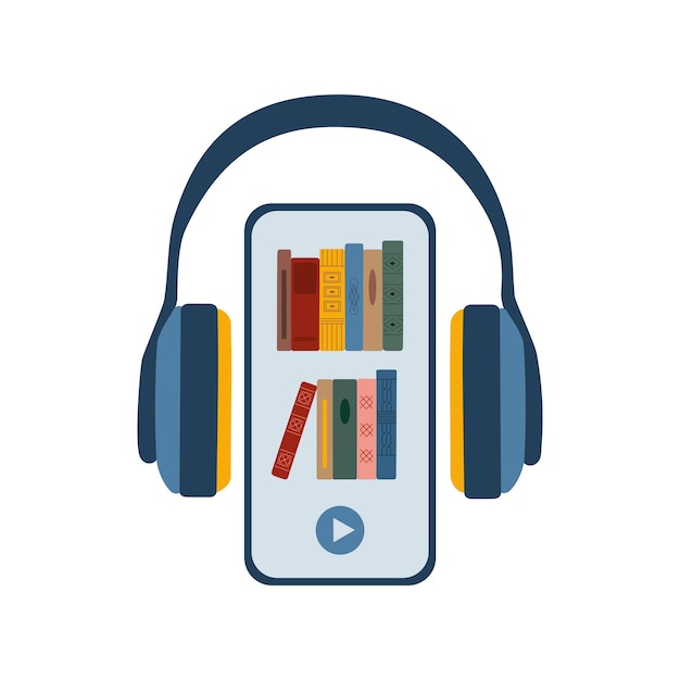 Vector concepto de audiolibros. auriculares y pila de libros en la pantalla del teléfono inteligente. escuchar libros electrónicos