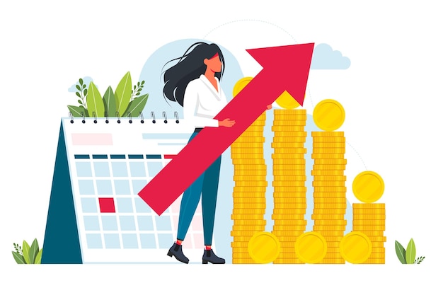 Concepto de auditoría gestión financiera profesional investigación y análisis de operaciones comerciales. inspección financiera y analytics.woman en el fondo de un montón de dinero monedas y calendario. vector