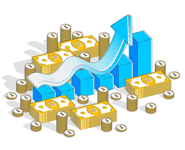 Concepto de aumento de éxito e ingresos, barra de estadísticas de gráfico de crecimiento con pila de dinero en efectivo aislada sobre fondo blanco. Vector ilustración isométrica 3d de negocios y finanzas, diseño de línea fina.