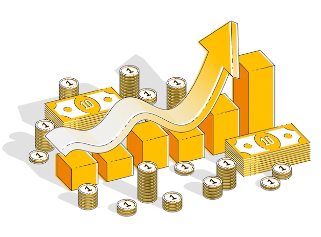 Concepto de aumento de éxito e ingresos, barra de estadísticas de gráfico de crecimiento con pila de dinero en efectivo aislada sobre fondo blanco. Vector ilustración isométrica 3d de negocios y finanzas, diseño de línea fina.