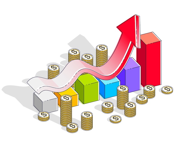 Concepto de aumento de éxito e ingresos, barra de estadísticas de gráfico de crecimiento con pila de dinero en efectivo aislada sobre fondo blanco. Vector ilustración isométrica 3d de negocios y finanzas, diseño de línea fina.