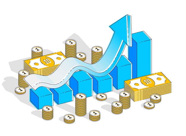 Concepto de aumento de éxito e ingresos, barra de estadísticas de gráfico de crecimiento con pila de dinero en efectivo aislada sobre fondo blanco. vector ilustración isométrica 3d de negocios y finanzas, diseño de línea fina.