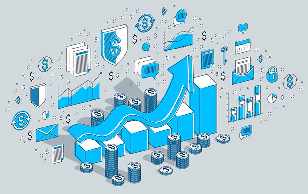 Concepto de aumento de éxito e ingresos, barra de estadísticas de gráfico de crecimiento con pila de dinero en efectivo aislado en blanco. Vector ilustración de negocios isométrica 3d con iconos, gráficos de estadísticas y elementos de diseño.