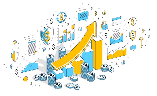 Concepto de aumento de éxito e ingresos, barra de estadísticas de gráfico de crecimiento con pila de dinero en efectivo aislado en blanco. Vector ilustración de negocios isométrica 3d con iconos, gráficos de estadísticas y elementos de diseño.