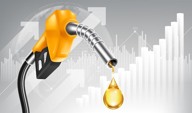 Concepto de aumento del precio del petróleo boquilla de la bomba de combustible amarilla de gasolina aislada con gota de aceite en el gráfico de barras de crecimiento