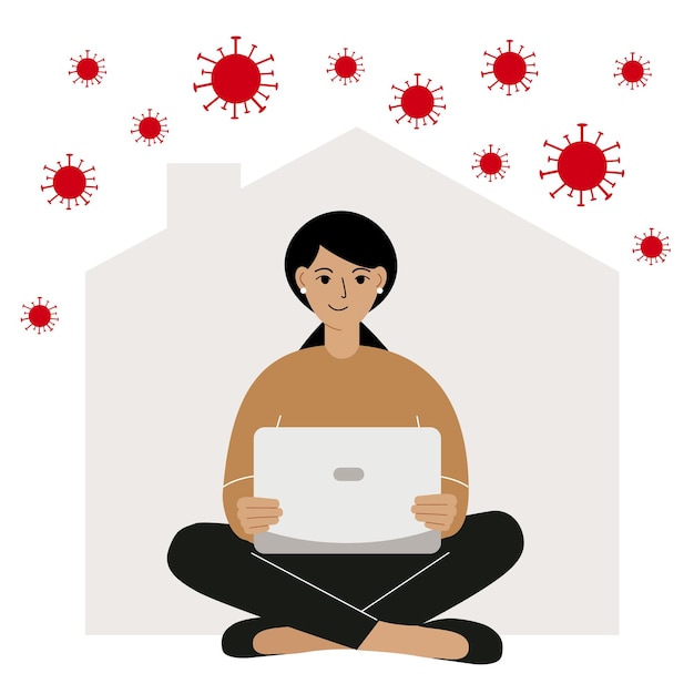 Concepto de autocuarentena Trabajar desde casa durante un brote de virus La persona que trabaja en una computadora portátil Vec