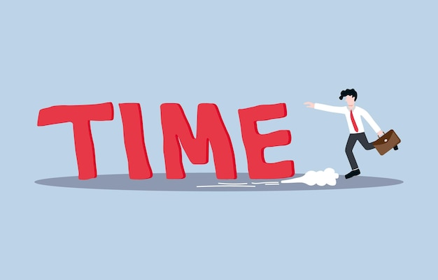 Concepto de autodisciplina de eficiencia de trabajo de gestión del tiempo Empresario tratando de ponerse al día con la palabra TIEMPO
