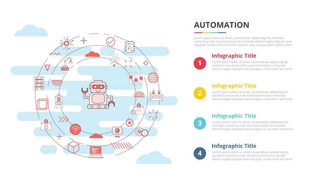 Concepto de automatización para banner de plantilla de infografía con información de lista de cuatro puntos