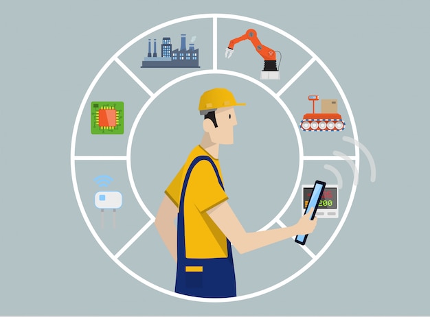 Concepto de automatización de fábrica de Industry 4.0: cadena de producción controlada por un trabajador calificado con tablet PC.