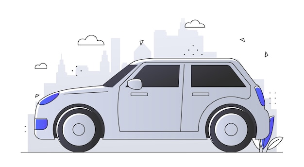 Concepto de automóvil en la carretera automóvil y transporte al aire libre auto gris y vehículo en el viaje por carretera y