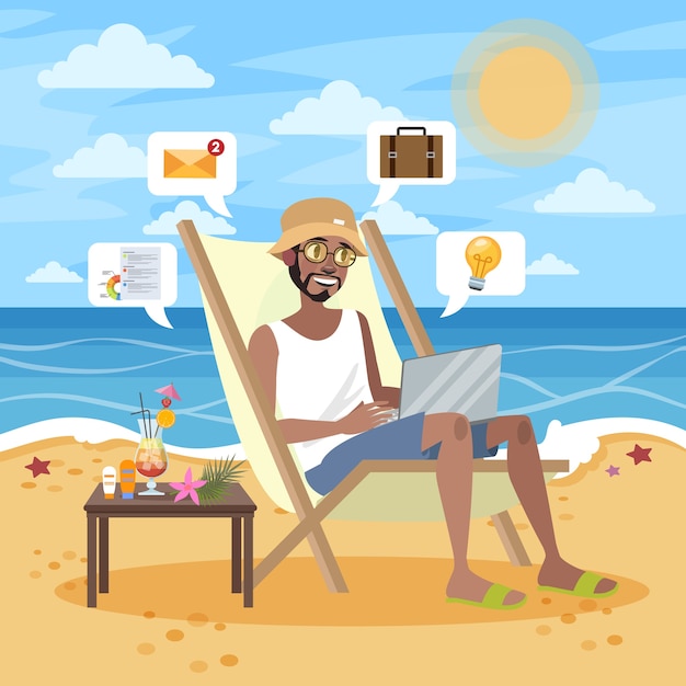 Vector concepto de autónomo. hombre con barba trabajando de forma remota en la computadora portátil a través de internet. trabajar mientras viaja. vacaciones de verano en la playa del océano. ilustración