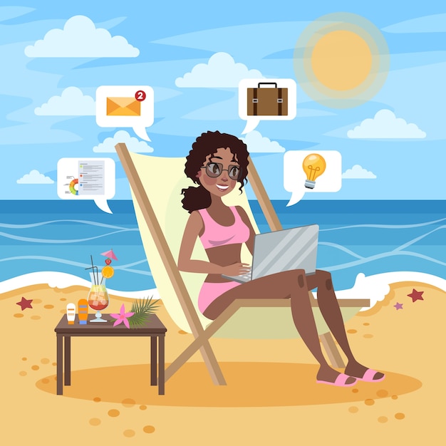 Vector concepto de autónomo. mujer que trabaja de forma remota en la computadora portátil a través de internet. trabajar mientras viaja. vacaciones de verano en la playa. ilustración