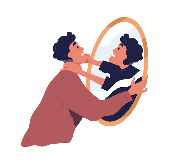 Concepto de autoviolencia y abuso. Persona con conflicto interior y problemas de salud mental. Hombre enojado peleando con su reflejo en el espejo. Ilustración de vector plano aislado sobre fondo blanco.