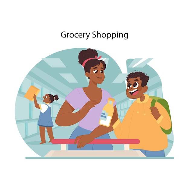 Vector concepto de aventura de comestibles familiares madre e hijos participando en compras semanales explorando pasillos