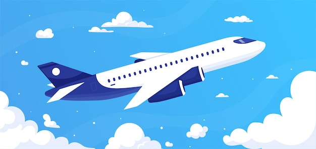 Concepto de avión en el cielo Transporte en vuelo a través de nubes blancas Viajes y turismo en vehículo aéreo Elemento gráfico para sitio web Viaje internacional Ilustración de vector plano de dibujos animados