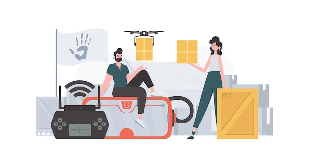 Concepto de ayuda humanitaria El quadcopter transporta el paquete Hombre y mujer con cajas de cartón estilo moderno Ilustración vectorial