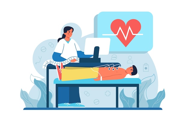 Concepto azul de medicina cardiograma con escena de personas en el estilo de dibujos animados plana