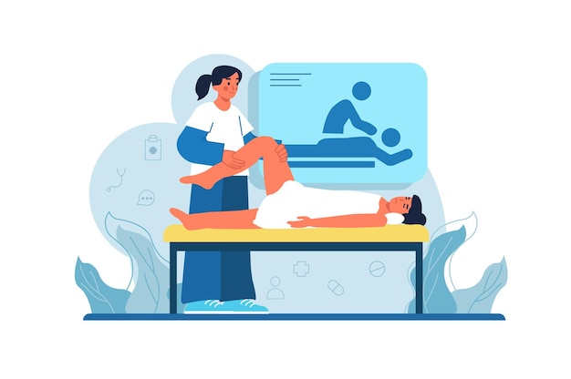 Concepto azul de medicina de masaje médico con escena de personas en el estilo de dibujos animados plana