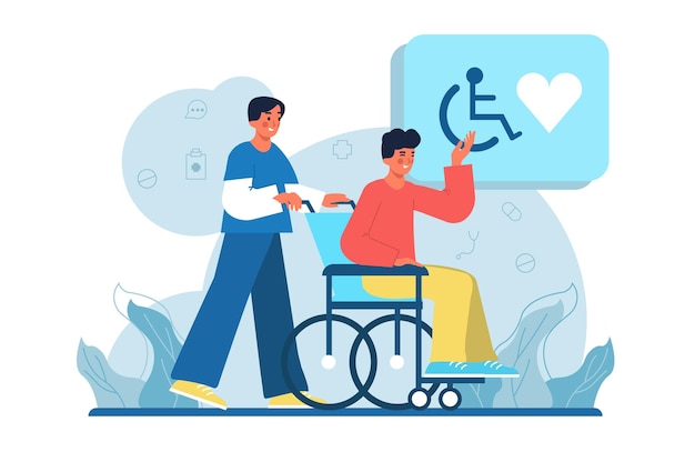 Concepto azul de medicina para personas discapacitadas con escena de personas en el diseño de dibujos animados planos