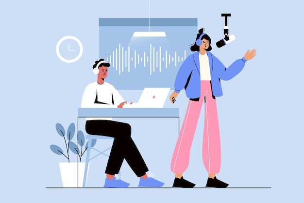 Concepto azul Trabajadores creativos con escena de personas en el diseño plano de dibujos animados Dos personas creativas
