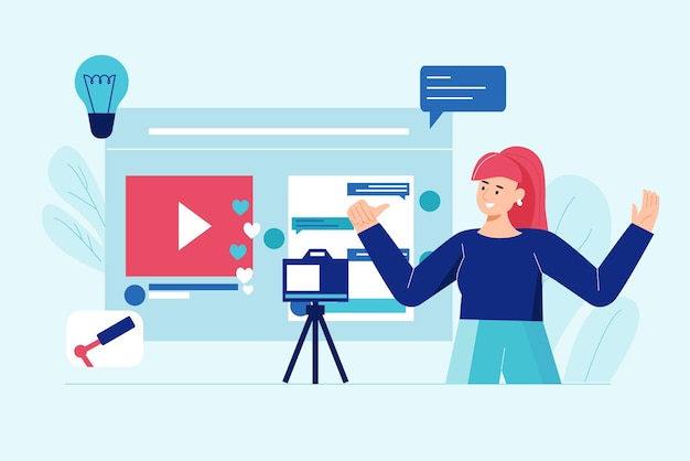 Concepto azul de transmisión en vivo con escena de personas en el estilo de dibujos animados planos Blogger famoso