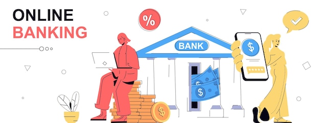 Concepto de banca en línea en diseño de dibujos animados planos para banner web Personas que administran cuentas financieras desde una aplicación de teléfono inteligente o página bancaria desde una computadora portátil haciendo transacciones ahorrando dinero Ilustración vectorial
